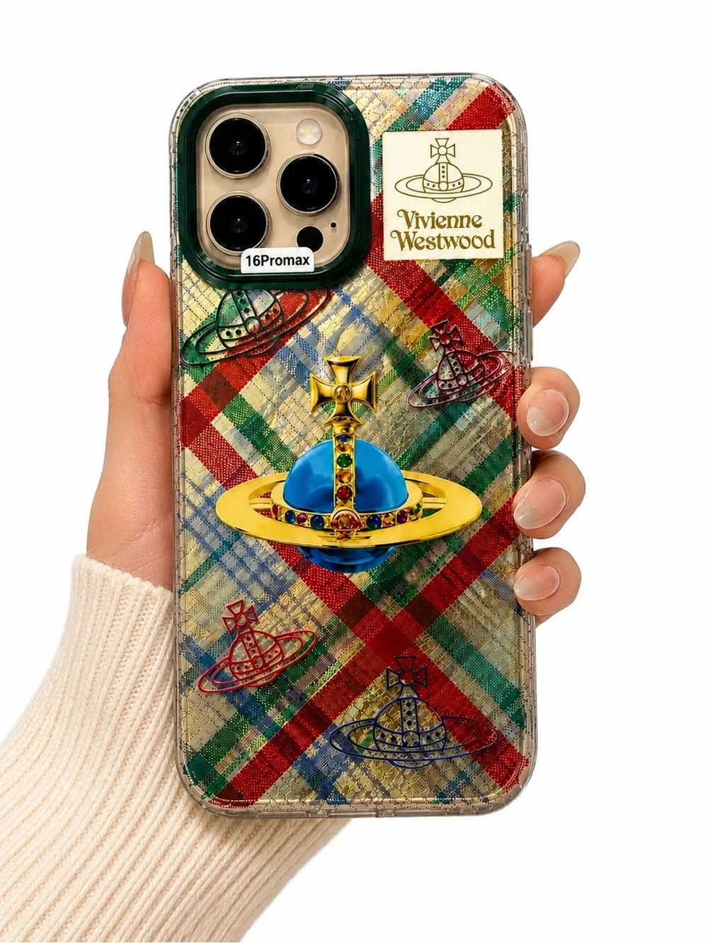 Vivienne Westwood Multicolor Plaid iPhone Case with Gold & Blue Orb Accent